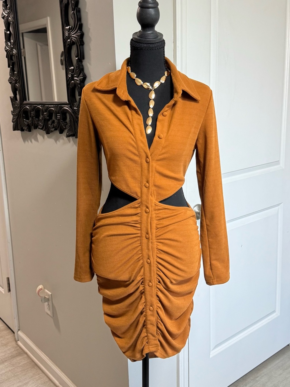 Fashion Nova Rust Cutout Ruched Long Sleeve Dress